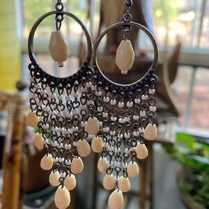 Dangling Beaded Brass Colored Earrings with Cream Color Beads